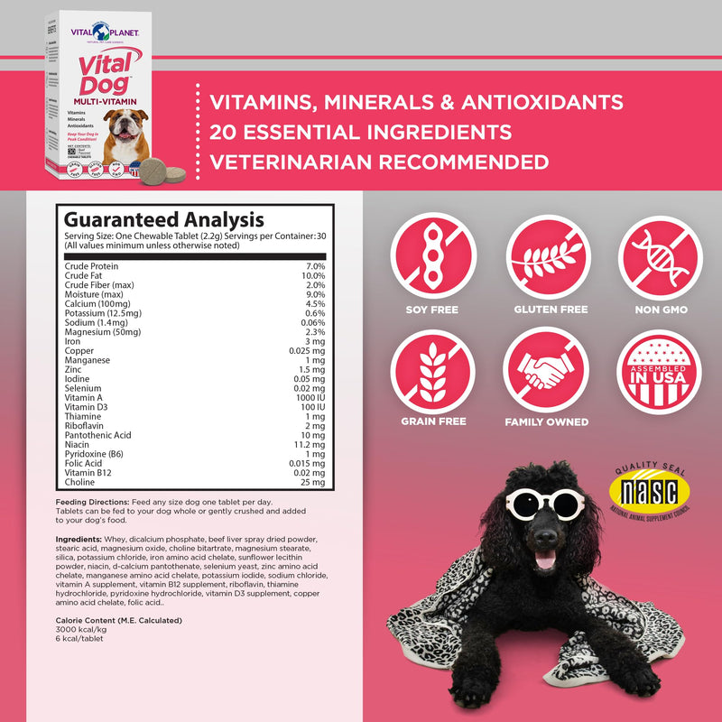 Vital Planet - Vital Dog Multi Vitamin Chewable Tablet Supplement for Everyday Health with Vitamins, Minerals and Antioxidants for Dogs - 30 Beef Flavored Chewable Tablets - PawsPlanet Australia