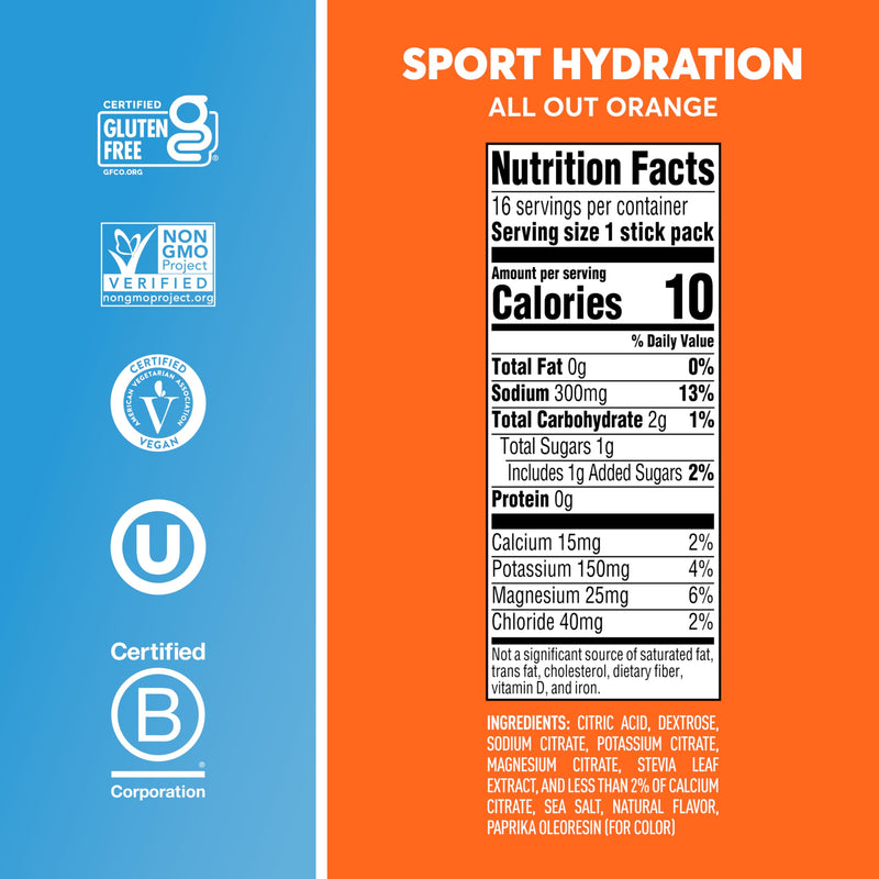 Nuun Sport Electrolyte Powder Packets with Magnesium, Calcium, Potassium, Chloride, and Sodium, Hydration Packets for On-The-Go, All Out Orange Flavor, Gluten Free & Vegan, 16 Single Servings 1 Pound (Pack of 1)