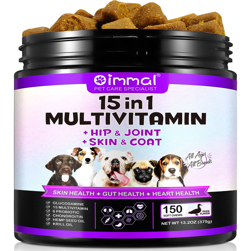 15-in-1 Dog Multivitamin Soft Chews, Dog Multivitamin Chews Support Immune Function, Skin & Coat - Complementary Feed for Daily Nutrition with Probiotics, Dogs Supplement with Duck Flavour, 150 Chews