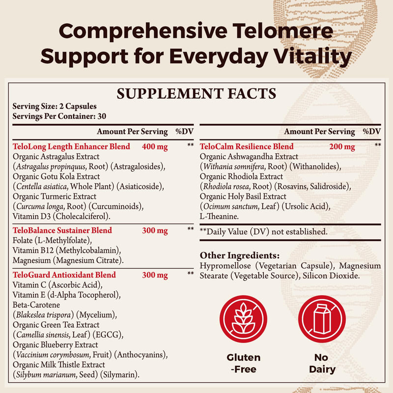 Telomere Lengthening Supplements – Organic Astragalus, Gotu Kola, Vitamin D3, Folate, L-Theanine – Anti-Aging, DNA Repair, Immune & Cellular – 60 Vegan Capsules, Made in Japan (1 Bottle) 60 Count (Pack of 1)