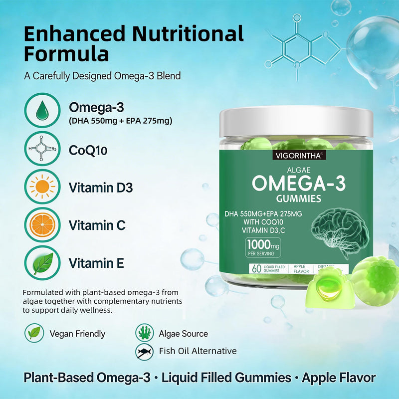 Vegan Omega-3 Algae Oil Supplement with DHA 300mg & EPA 150mg, Plant-Based Omega-3 with Vitamin D3 & K2, Fish-Free Algal Oil Softgels for Men & Women, 2 Pack, 120 Softgels, 60 Day Supply 60 Count (Pack of 2)