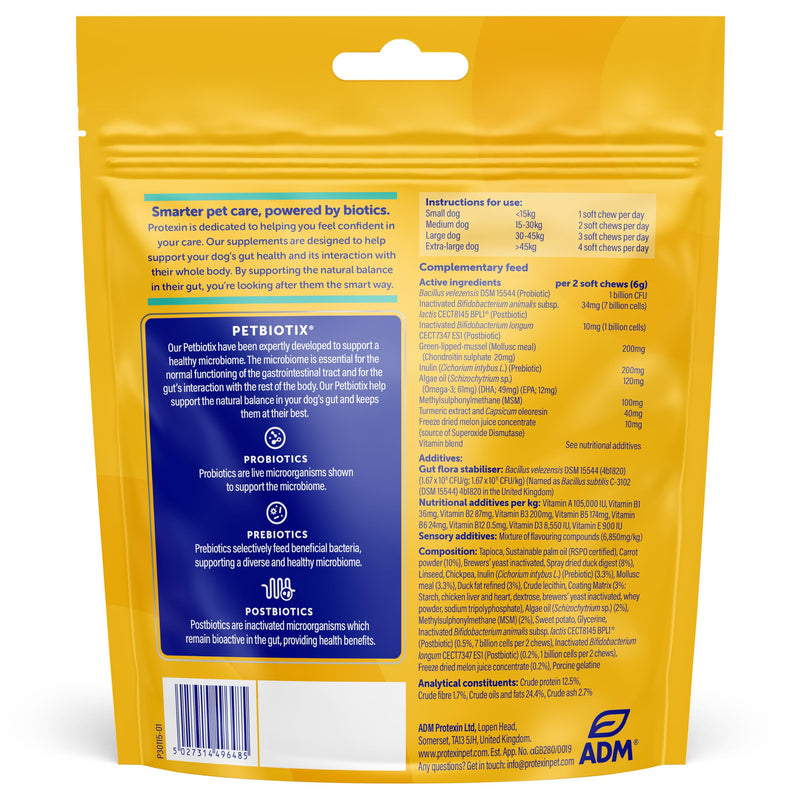 Protexin Daily Care Gut+ Wellbeing – Probiotic, Prebiotic & Postbiotic Chews for Dogs – Supports Gut Balance, Skin, Mobility & Immune Health – Duck & Carrot Flavour – 60 Soft Chews