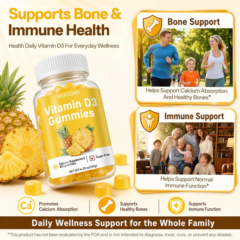 Vitamin D3 Gummies, Bone & Immune Support Daily Supplement, 400IU Gentle Formula for Men & Women, Sugar Free Non-GMO Gluten Free Vegan Pineapple Flavor, 60 Count (30 Day Supply)