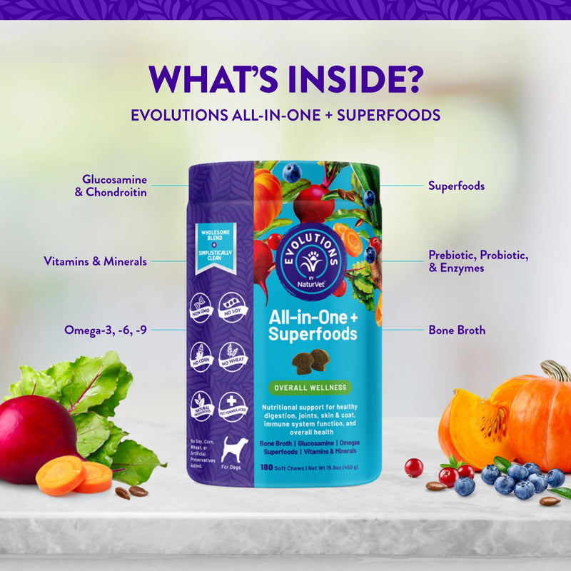 NaturVet Evolutions All-in-One + Superfoods 180ct Soft Chews for Dogs - Bone Broth, Superfoods Provides Nutritional Support for Healthy Digestion, Joints, Skin & Coat, Immune System, Overall Health 15.8 Ounce (Pack of 1)