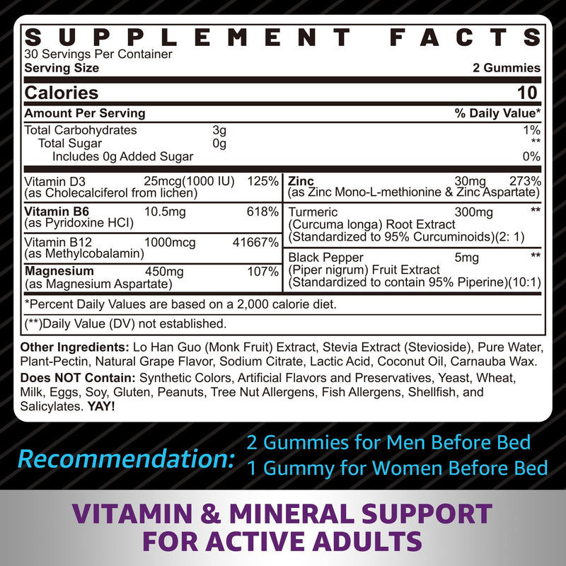 Zinc and Magnesium Aspartate Recovery Supplement, Post Workout Gummies | Nighttime Gummies for Men Women, w/ Vitamin B6, B12, D3, Turmeric, Reduce Fatigue, Boost Immunity & Sleep, Sugar Free, 120Ct 60 Count (Pack of 2)