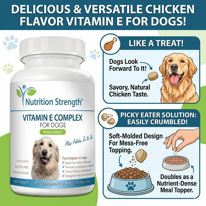 Vitamin E for Dogs, Promote Cardiovascular Health, Support Cell Membranes, Vitamin E Complex to Boost Dog Immune System Plus Zinc, Selenium, Folate, Salmon Oil, 120 Chewable Tablets