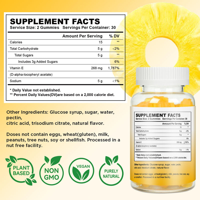 Vitamin E Gummies 268mg(400 IU) for Women Skin & Immune Support, Pineapple Flavored Vitamin E Chewable Vegan Gummies, 60 Count