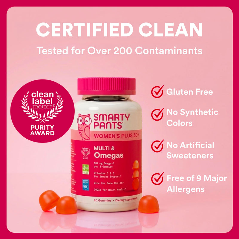 SmartyPants Women’s Plus 50+ Multi & Omegas Multivitamin Gummies with Omega 3 DHA/EPA, Methylfolate, CoQ10, Vitamin D3, C, B12, B6, A, K, Biotin, Two Fruit Flavors, 90 Count (30 Day Supply) 1 Count (Pack of 1) New Formula