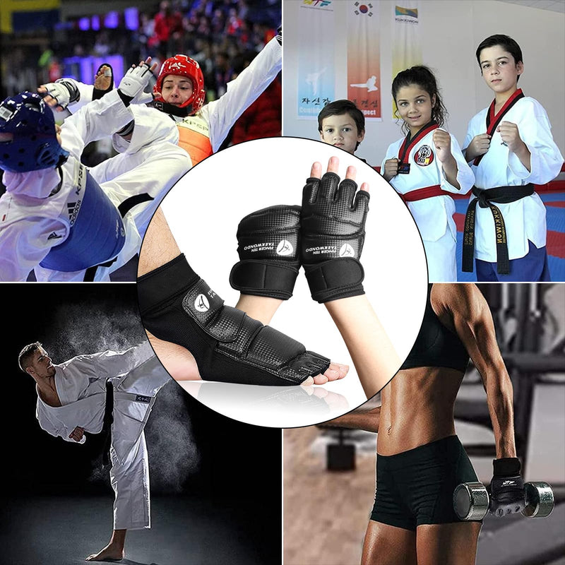 Taekwondo Sparring Gear Gloves Hand and Foot Protectors White Protective Guards Set for Boxing Kickboxing Fit Adult Men Women Kids Training Black Medium