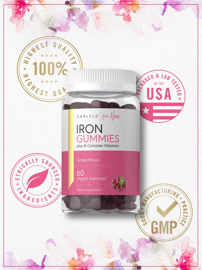 Carlyle Iron Gummies for Women with B-Complex Vitamins | 60 Count | Grape Flavor | Vegan, Non-GMO & Gluten Free Dietary Supplement