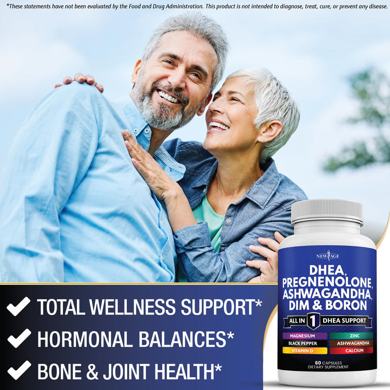 NEW AGE DHEA Supplement - Pregnenolone for Men & Women with DIM, Ashwagandha, Boron, Calcium, Magnesium, Zinc, Vitamin D3 5000iu - Support Capsules - 180 Count 60 Count (Pack of 3)