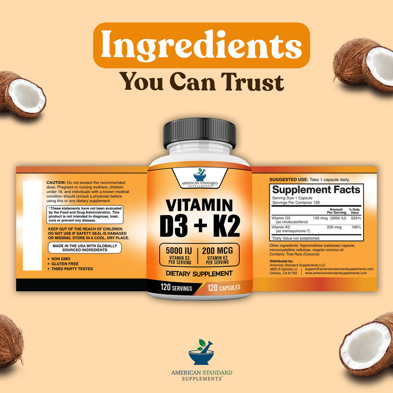 American Standard Supplements Vitamin D3 5000 IU (125mcg) Plus Vitamin K2 (MK7) 200mcg Per Capsule - Gluten Free, Non-GMO, 120 Capsules, 120 Servings, 120 Day Supply 1 Count (Pack of 120)