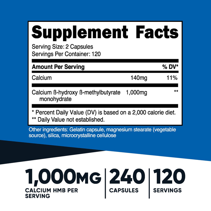 Nutricost HMB (Beta-Hydroxy Beta-Methylbutyrate) 1000mg (240 Capsules) - 500mg Per Capsule, 120 Servings - Gluten Free and Non-GMO 240 Count (Pack of 1) - BeesActive Australia
