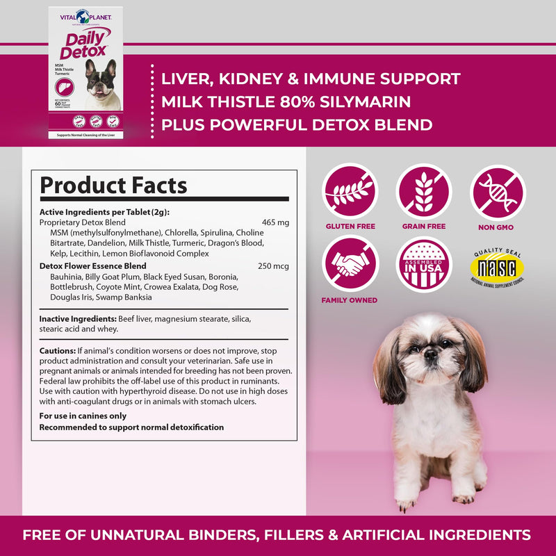 Vital Planet - Daily Detox for Dogs with MSM, Milk Thistle, Spirulina, and Turmeric, Supports The Immune System and Natural Cleansing of The Liver - 60 Beef Flavored Chewable Tablets - PawsPlanet Australia