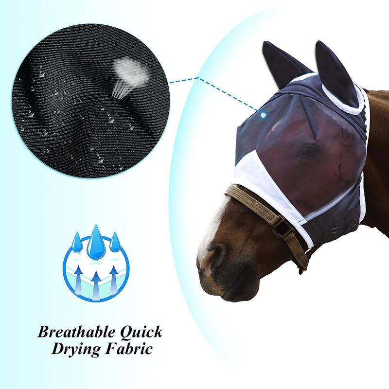 Horse Fly Mask with Ears Cover Uv Protection Horses Fly Mask with Eyes Cover Black Net Equine Sunscreen Quiet Ride and Smooth Fly Mask with Adjustable fit (Pony) Pony - BeesActive Australia