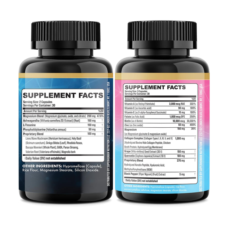 Cortisol & Collagen Bundle, Ashwagandha, Shining Serenity Set, 2 Pack | Ashwagandha, L-Theanine, Magnesium, Lions Mane, GABA, Bacopa, Collagen I-X, Folate, Biotin, Keratin 150 Count (Pack of 2)