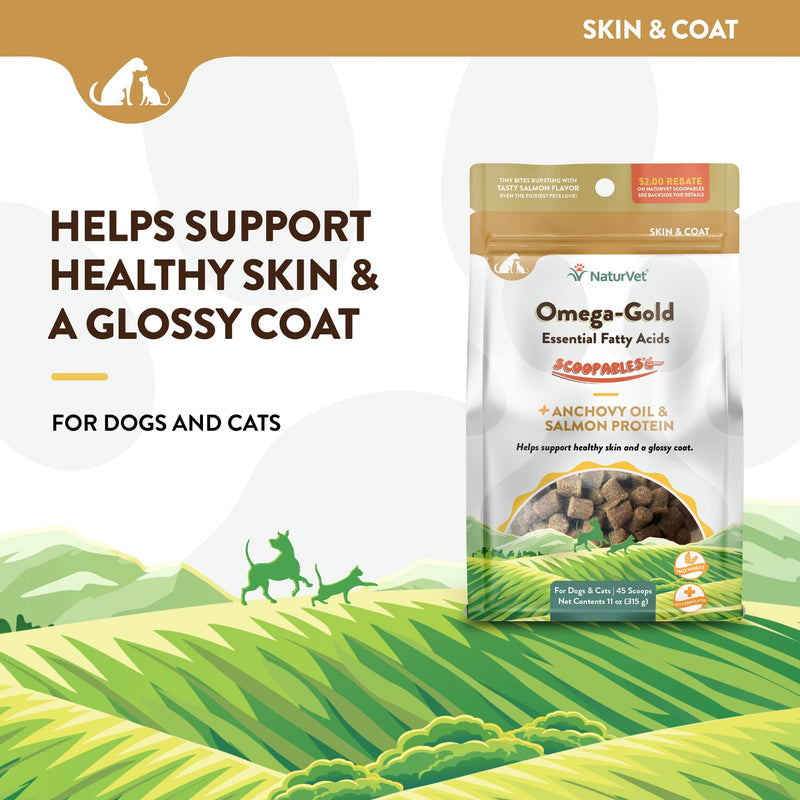 NaturVet Scoopables Omega-Gold Anchovy Oil & Salmon Supplement For Dogs and Cats - Supports Healthy Skin & Coat Plus DHA, EPA, Omega-3, & Omega-6 - Anchovy & Salmon Flavored For Dog and Cat | 11oz Bag 45 Scoops