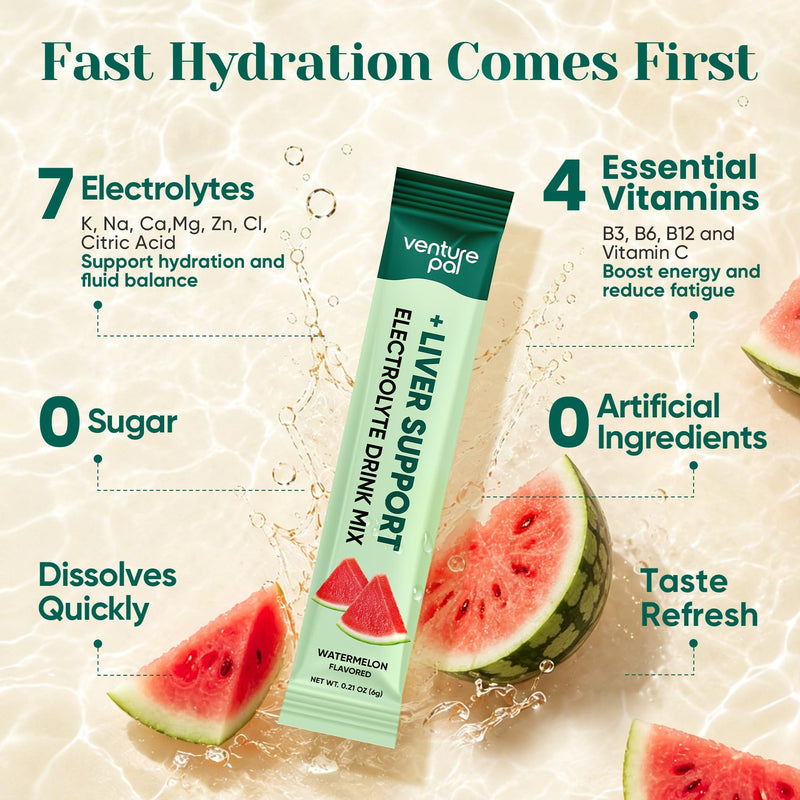 Venture Pal Sugar Free Hydration Packets + Liver Support, 16 Sticks | 7 Electrolytes & 5 Vitamins with Milk Thistle, L-Theanine, Ginger, Weekend Recovery, Keto Friendly, Vegan, Liquid Daily IV 1 Pound (Pack of 1) V5-Watermelon