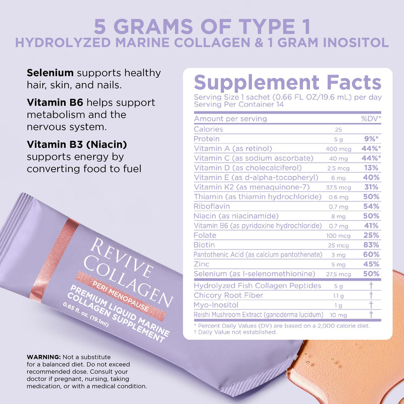 Revive Collagen Perimenopause - 5g Hydrolyzed Marine Collagen Drink for Women, Inositol, Selenium, Vitamin B6, C & D, Supports Skin Wellness & Daily Energy, Passionfruit Flavour — 14 Packets 14 DAYS