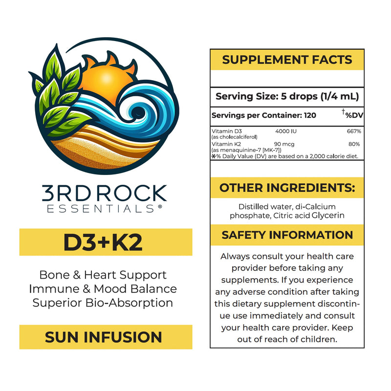 3rd Rock Essentials Vitamin D3 4000 IU + K2 MK-7 Liquid Drops – High Absorption Chelated Formula – 600 Drops (4 Month Supply) – Bone, Immune & Calcium Support – Non-GMO, Gluten Free Supplement D3 K2