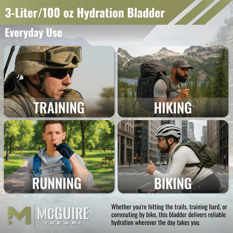 M MCGUIRE GEAR Hydration Bladder, 3L/100 oz. Water Bladder, Leak Proof Hydration Pack, Water Reservoir with Insulated Drinking Tube for Hiking, Cycling, and Biking Olive Drab