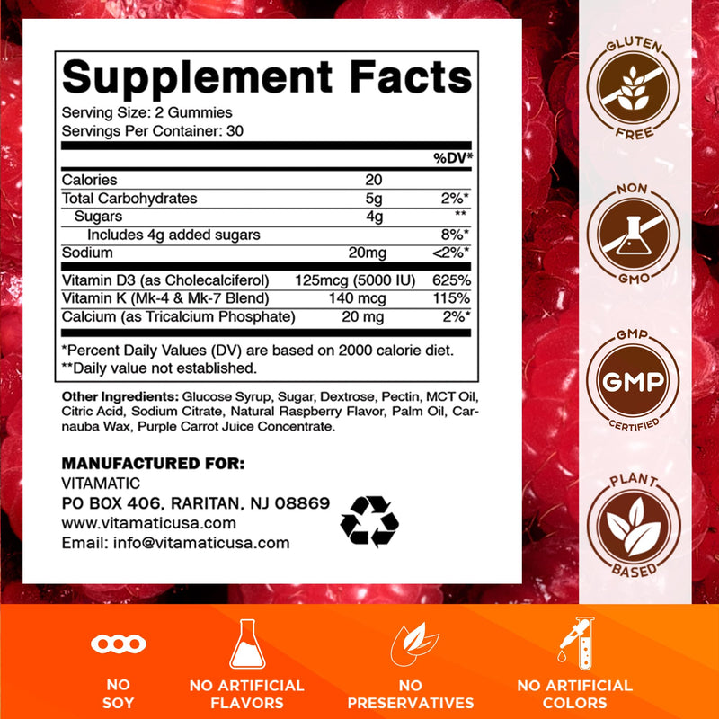 Vitamatic Vitamin D3 & K2 Gummies (2-Pack, 60 Count) Supports Healthy Bones, Heart Health, Calcium Absorption, and Immune Function Plant-Based, Non-GMO, Gluten-Free 60 Count (Pack of 2)