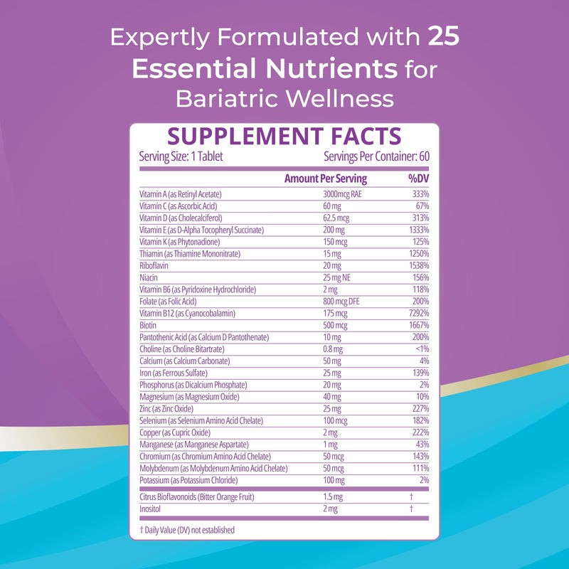 High ADEK Bariatric Multivitamin | DS, SADI & BPD/DS Surgery | Fat-Soluble Vitamins A D E K | 25 Essential Nutrients | ASMBS Compliant | Made in USA | 60 Tablets — 1 Month Supply