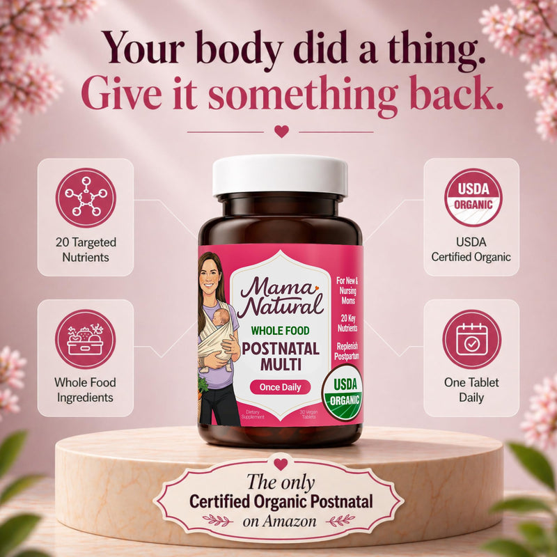 Mama Natural Organic Postnatal Vitamins for Women | One A Day Whole Food Postnatal Multivitamin for Breastfeeding & Postpartum Support | Non-GMO with Iron, Iodine & Moringa | 30 Servings