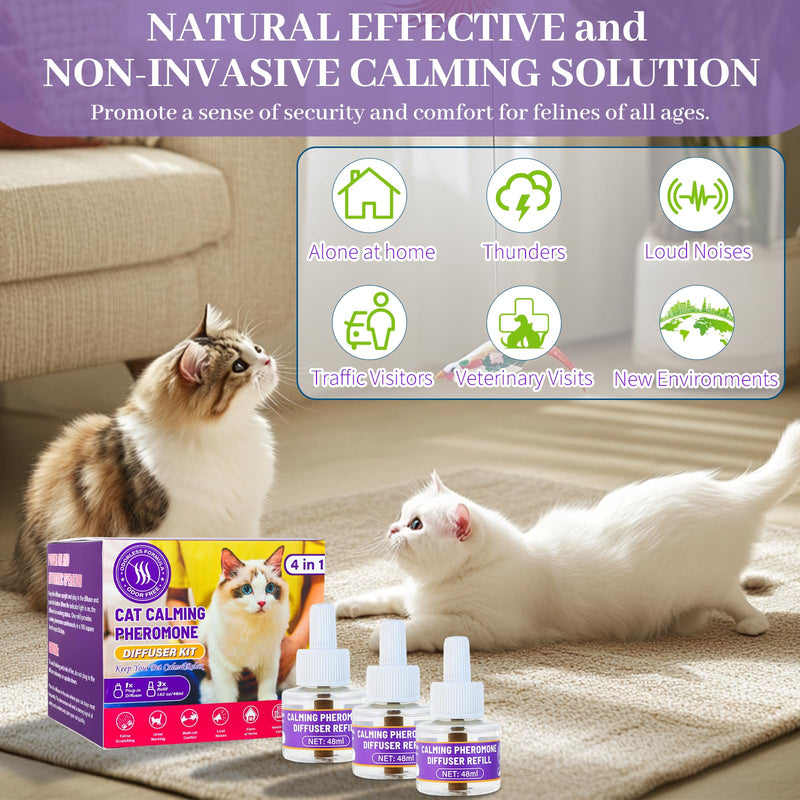 3 x 30 Day Cat Pheromones Calming Diffuser, Cat Calming Diffuser Refills for Stress, Pee Spraying, Aggression, Excessive Meowing & Scratching, 1 Diffuser & 3 Refills GREEN