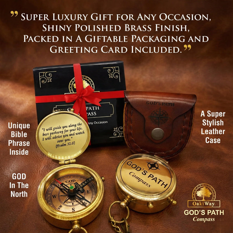 God's Path Compass – Communion & Confirmation Gift for Teenage Boys | Baptism Religious Gifts for Men, Christian, Catholic, Graduation | Sentimental & Inspirational Present – Greeting Card Included God's Path - Leather Case