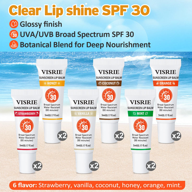 SPF 30 Sunscreen Lip Balm 12 Pack, Clear SPF Lip Gloss | Broad Spectrum Protection with a Non-Sticky, High-Shine Finish, Moisturizing Dry Lips with Vitamin E and Shea Butter 0.01 Fl Oz (Pack of 12)