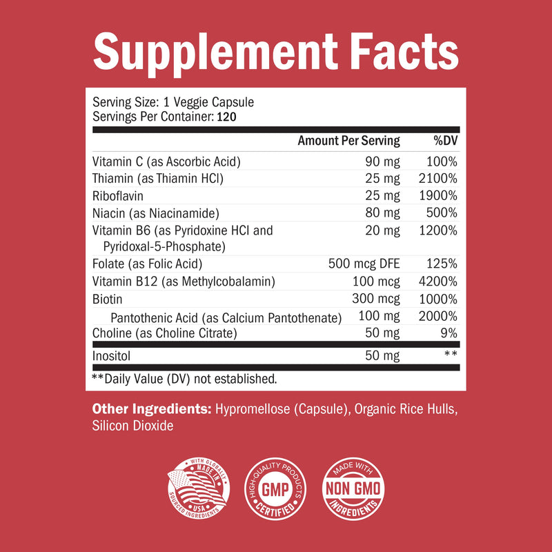 Vitamin B Complex with Vitamin C for Maximum Absorption, 120 Capsules | Methylcobalamin b12 & Folate Folic Acid Supplement - B1 B2 B3 B5 B6 B7 B9 for Energy, Immune & Nervous System Support 120 Count (Pack of 1)