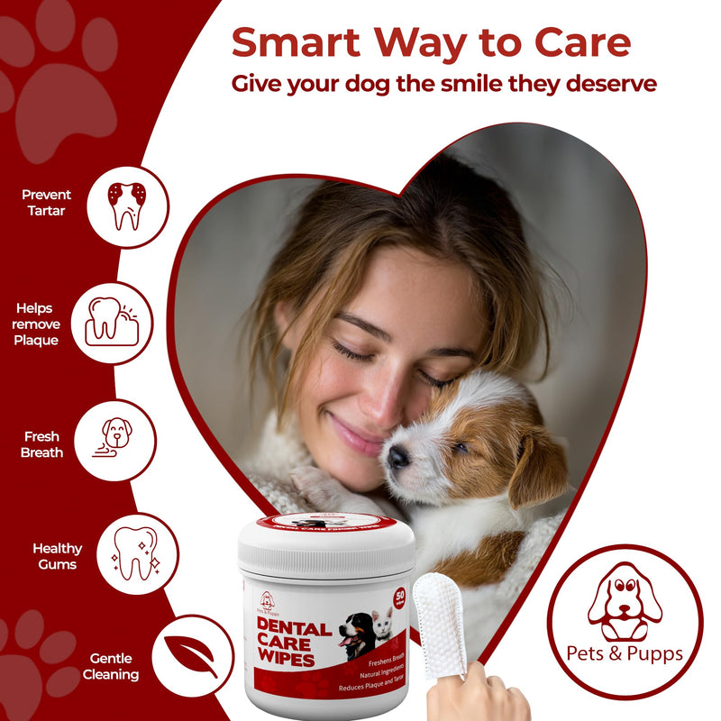 No- Rinse Dog Teeth Cleaning Wipes For Dogs & Cats, Dog Toothbrush Wipes & Dog Tooth Brushing kit Remove Bad Breath & Plaque & Tartar Buildup, Disposible Pet Dental Finger Wipes for Dogs - 50 Count
