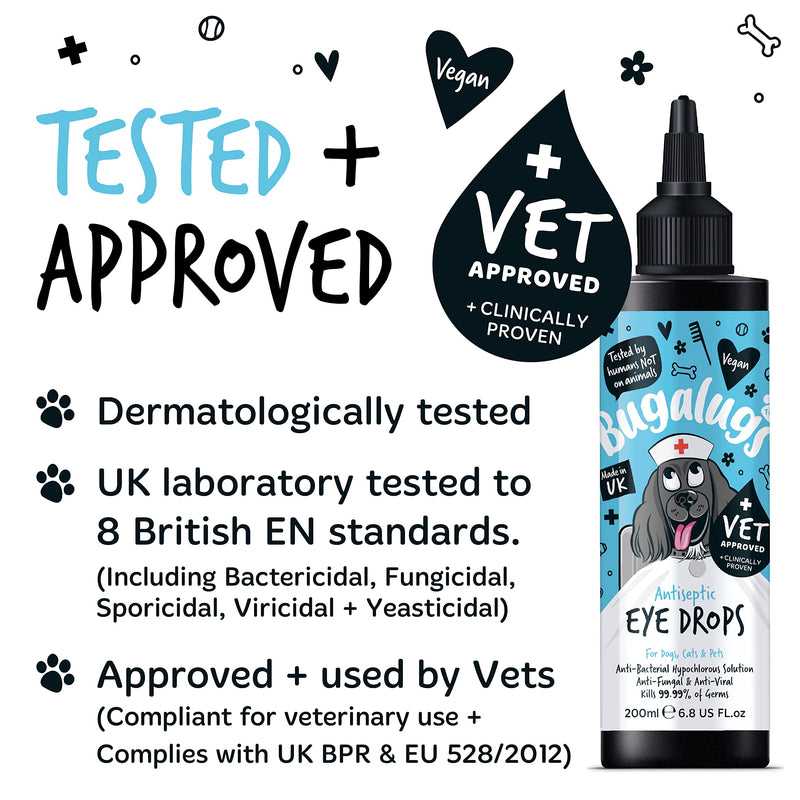 BUGALUGS Dog Eye Drops 200ml, Antiseptic eye drops for dogs, puppy, cats & animals. Antibacterial for dry, itchy, irritated, gunky & tear stain eyes. Eye Wash Cleaner Cat 200ml