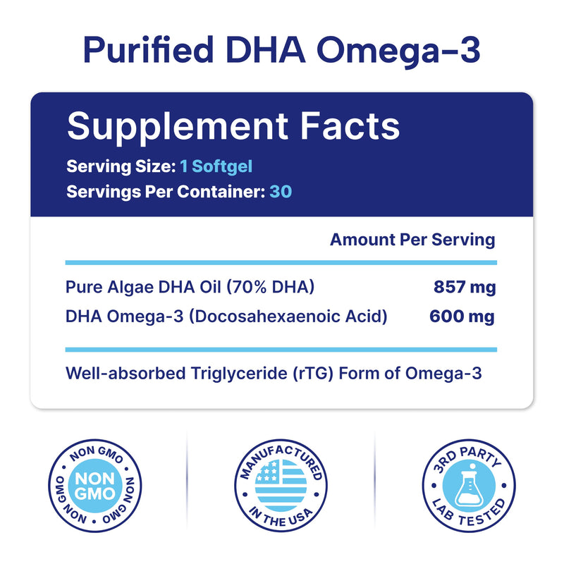 OmegaVia Prenatal DHA 600mg, Fish Oil Free Omega 3 Supplement (30 Softgels) | Algae Omega 3, Pregnancy & Lactation Safe, Supports Baby's Brain & Eye Health, Burpless, Gluten Free, Non-GMO, 30-Day Supply 30 Count (Pack of 1)