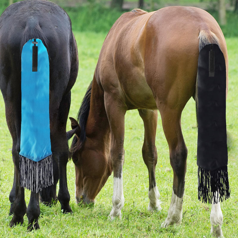2Pcs Horse Tail Bag with Fringe & Snap, Smooth Lightweight Adjustable Fastener Nylon Horse Tail Bag with Fringe, Easy to Wear and Wrap (Blue,Black) - BeesActive Australia