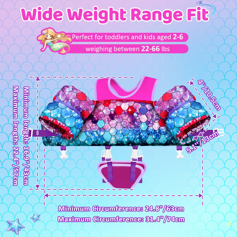 Vvinca Toddler Swim Vest 22-66 lbs, Swim Trainer for Boys Girls with Anti-Chafe Crotch Strap, Floaties for Kids 2-6 Years Old 01-Mermaid Scale