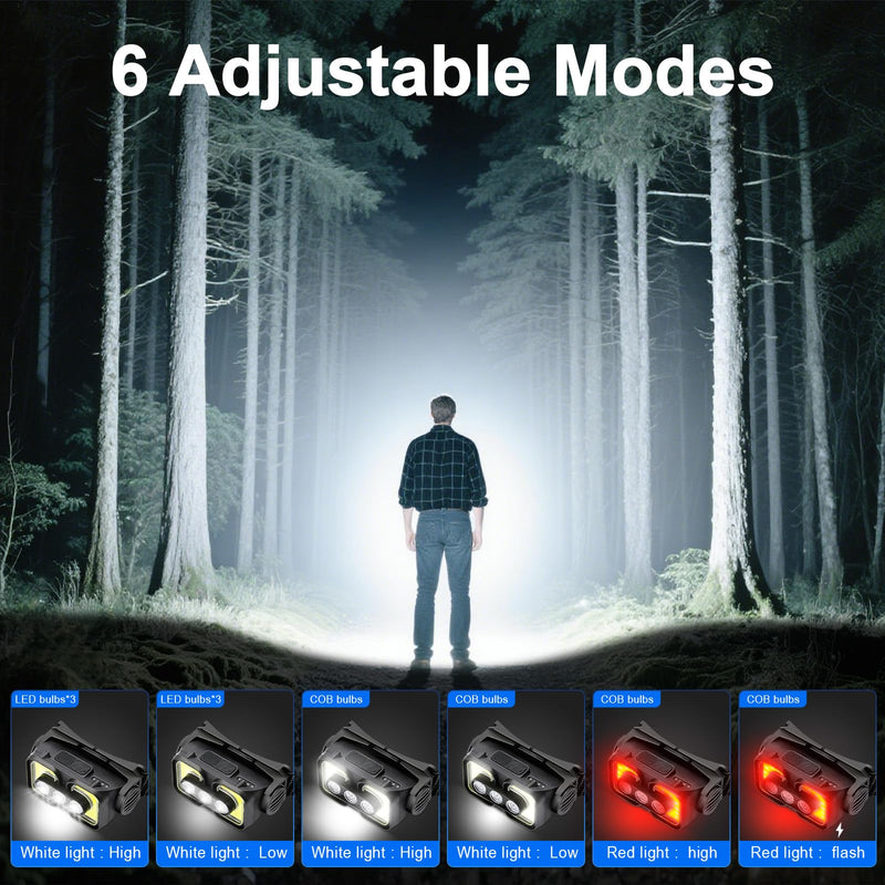 Rechargeable Headlamp with Red Light Motion Sensor Led headlamps for Adults Kids Waterproof Bright Hiking Headlights for Outdoor Camping Running Fishing 2 Packs