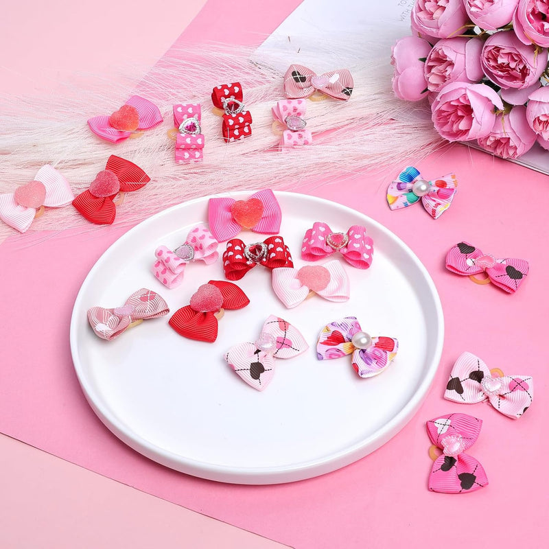 20 Pcs Valentine's Day Small Size Dog Hair Bows with Rubber Bands Puppy Hair Bows Grooming Accessories with Pearls Rhinestone Multicolor Small Pet Handmade Bowknot Pink Red Mixed Puppy Hair Bows - BeesActive Australia