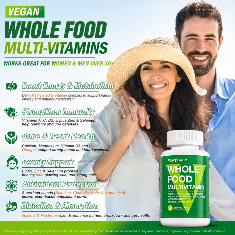 Vegan Whole Food Multivitamins with Iron, 90 Tablets | Daily Multivitamin for Men and Women, Methylated Vitamins, B-Complex, Fruits & Vegetables, Enzymes, Omegas, Mushroom, Non-GMO 90 Count (Pack of 1)