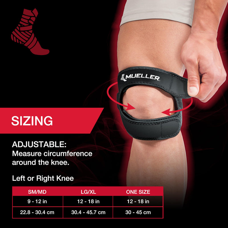 MUELLER Sports Medicine Adjustable Max Knee Single Strap for Men and Women, Compression & Pain Relief Support for Osgood-Schlatter's, Runner's Knee, Patellar Tendinitis, Black Large/X-Large - BeesActive Australia