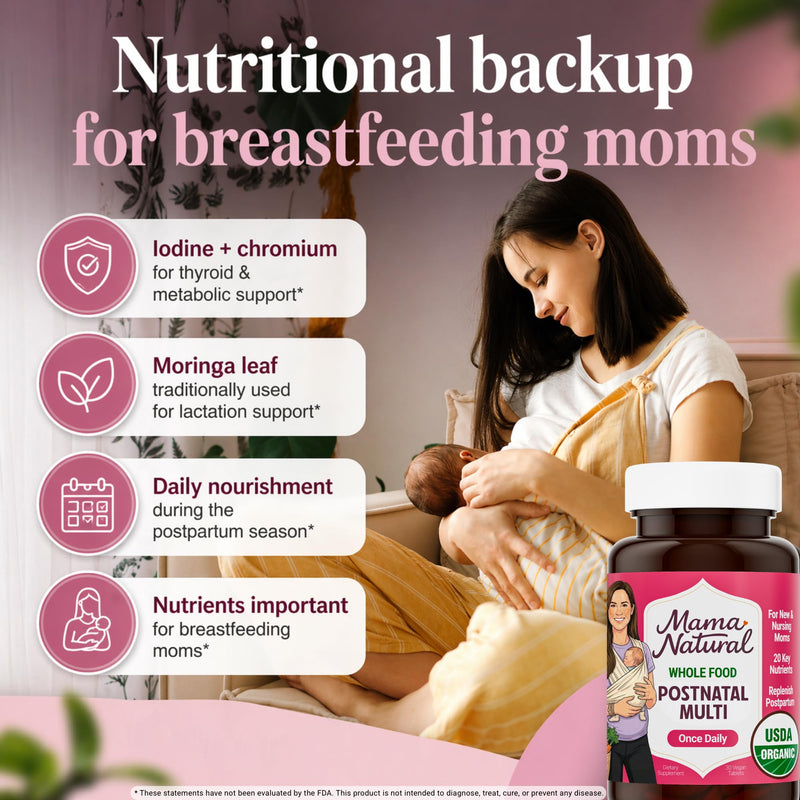 Mama Natural Organic Postnatal Vitamins for Women | One A Day Whole Food Postnatal Multivitamin for Breastfeeding & Postpartum Support | Non-GMO with Iron, Iodine & Moringa | 30 Servings