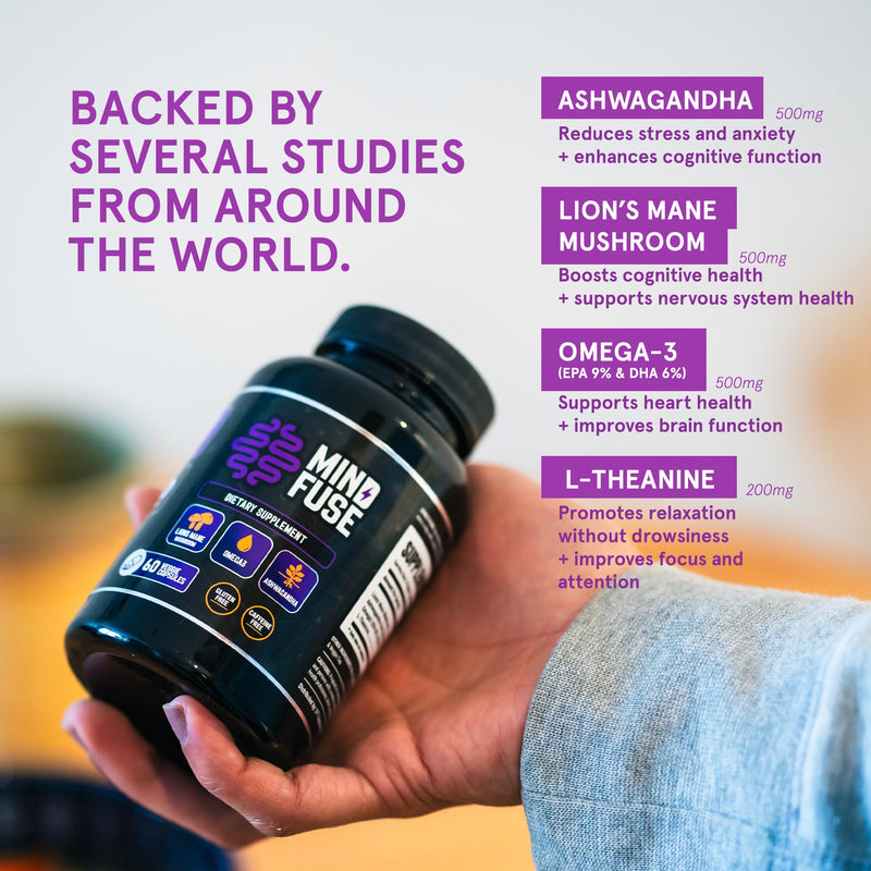 Nootropic Memory Booster Supplement for Adults - Lion’s Mane Capsules with Omega-3, Ashwagandha & L-Theanine for Focus & Memory - Gluten-Free 60 Capsules 1