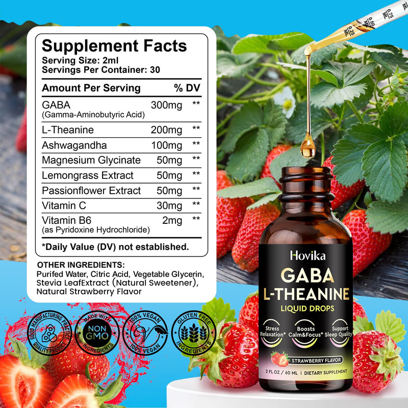 GABA L-Theanine Drops - Liquid GABA L-Theanine Supplement with L-Theanine, Ashwagandha, Magnesium Glycinate, Vitamin C, B6 - Support Sleep, Relaxation, Calm Mood & Focus - Strawberry Flavor, 2 Fl Oz 2 Fl Oz (Pack of 1)