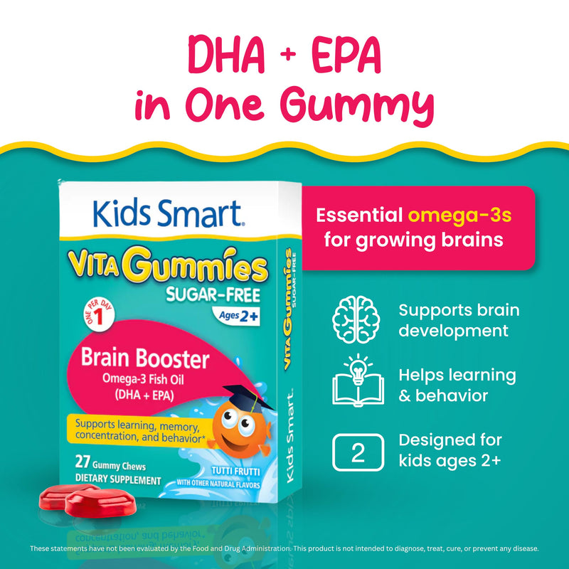 KIDS SMART Brain Booster Omega-3 DHA EPA Gummies, Focus & Memory, Kids 2+ | Omega-3 DHA + EPA Fish Oil Gummies, 27 Count, Sugar-Free, Gluten-Free, Non-GMO, Supports Focus, Memory, Learning & Behavior