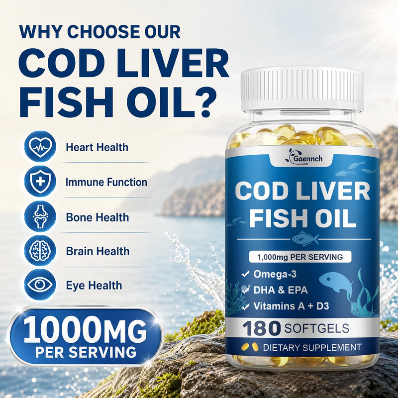Cod Liver Oil 180 Softgels, 1,000mg Per Serving Wild-Caught Icelandic Cod | Omega 3, Vitamins A & D3, EPA, DHA | Cod Liver Oil Supplement Non-GMO, Third-Party Tested for Heart, Brain & Immune Support 180 Count (Pack of 1)