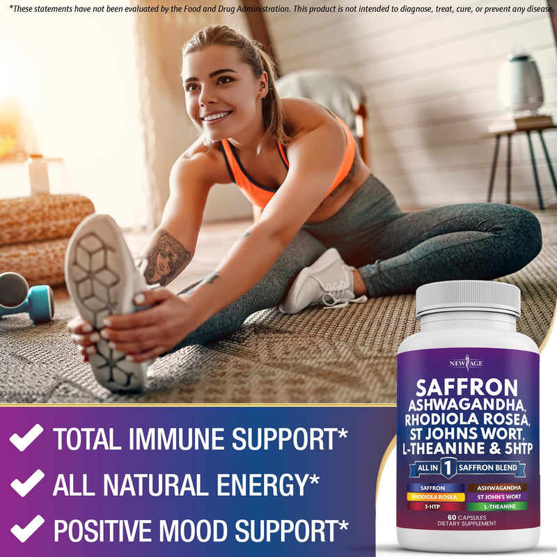 NEW AGE Saffron Supplements with Ashwagandha - Support with L-Theanine, Ginkgo Biloba, St. John's Wort, Rhodiola Rosea & 5-HTP - Saffron 120 Count 120 Capsules (Pack of 2) - BeesActive Australia