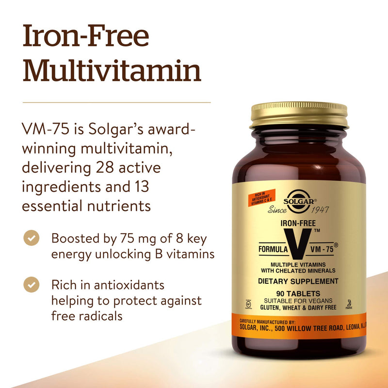 Solgar Iron-Free Formula VM-75, 90 Tablets - Vitamins A, B6, B12, C, D, E | Multivitamin with Chelated Minerals, Biotin, Magnesium, Calcium, Zinc - Vegan, Gluten & Dairy-Free, Kosher - 90 Servings Unflavored 90 Count (Pack of 1)