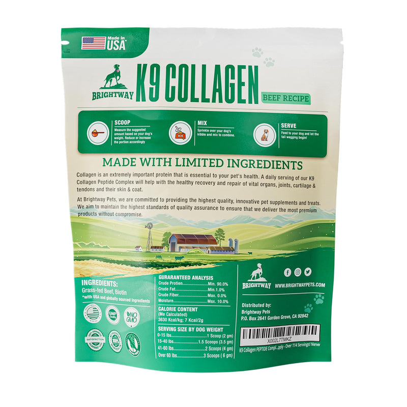 K9 Collagen PEPTIDE Complex W/BIOTIN - Hip & Joint Supplement for Dogs- Supports Healthy Joints, Skin & Coat – Helps in Recovery & Repair– 3+ Months Supply - Over 114 Servings! - PawsPlanet Australia
