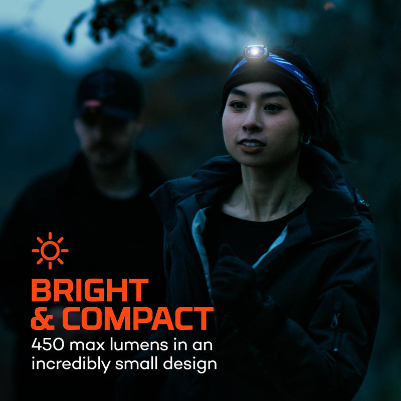 NEBO MYCRO 450 Rechargeable Headlamp | 450 Lumens, 6 Light Modes, Water Resistant, Detachable Hat Clip, Super Bright Head Lamp for Camping & Hiking, Includes USB Charging Cable — Blue